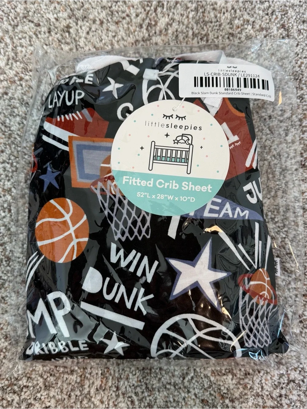 NWT Little Sleepies Black Slam Dunk Standard Crib Sheet Basketball